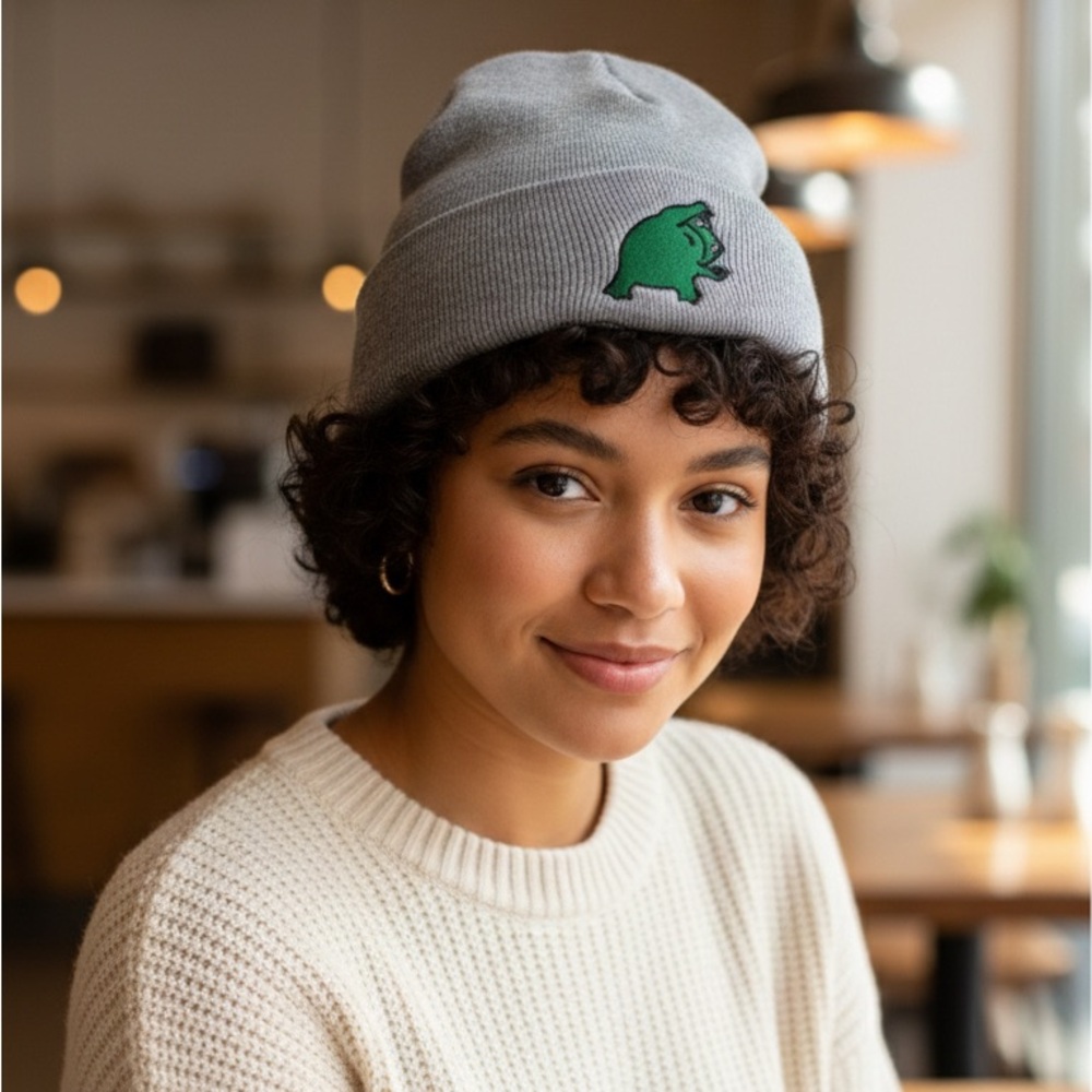 Gray Beanie with Green Frog Patch